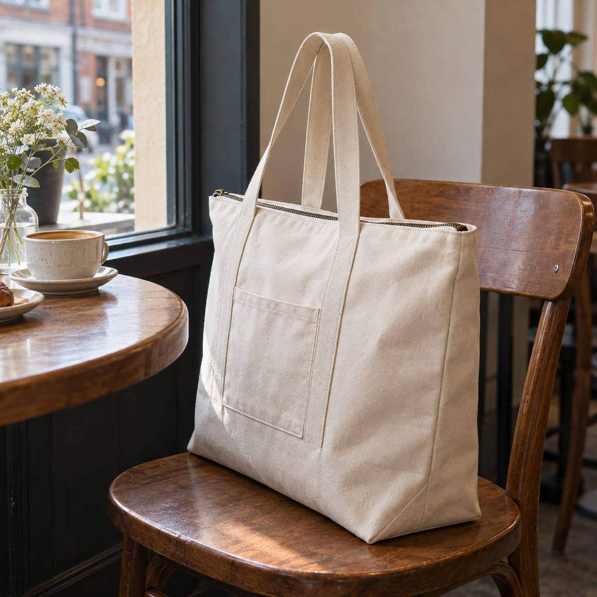 Cream Zip-Top Canvas Tote
