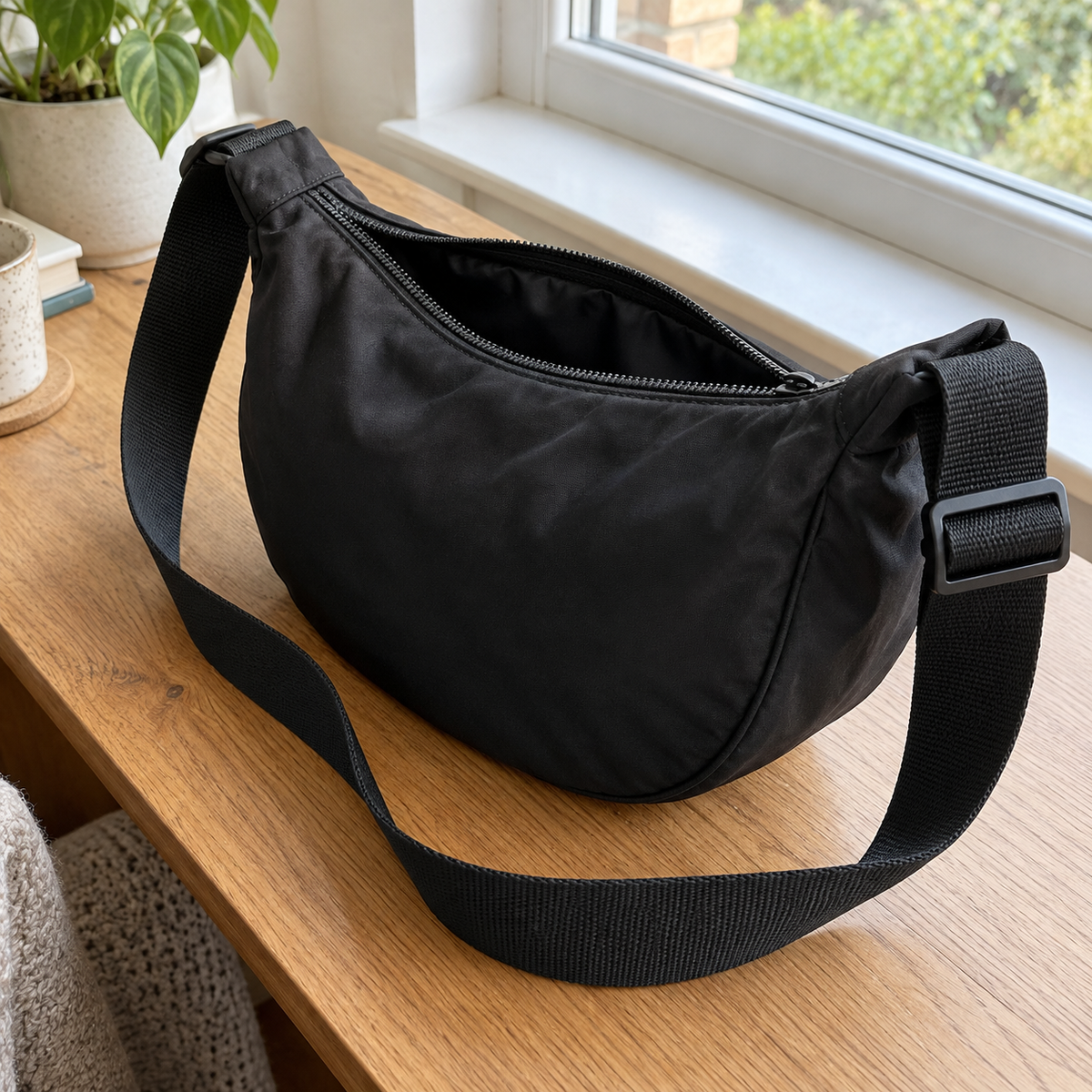 Black Crescent Nylon Crossbody Bag
