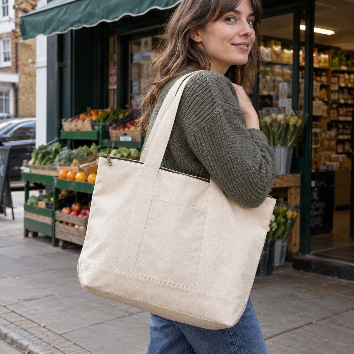 Cream Zip-Top Canvas Tote